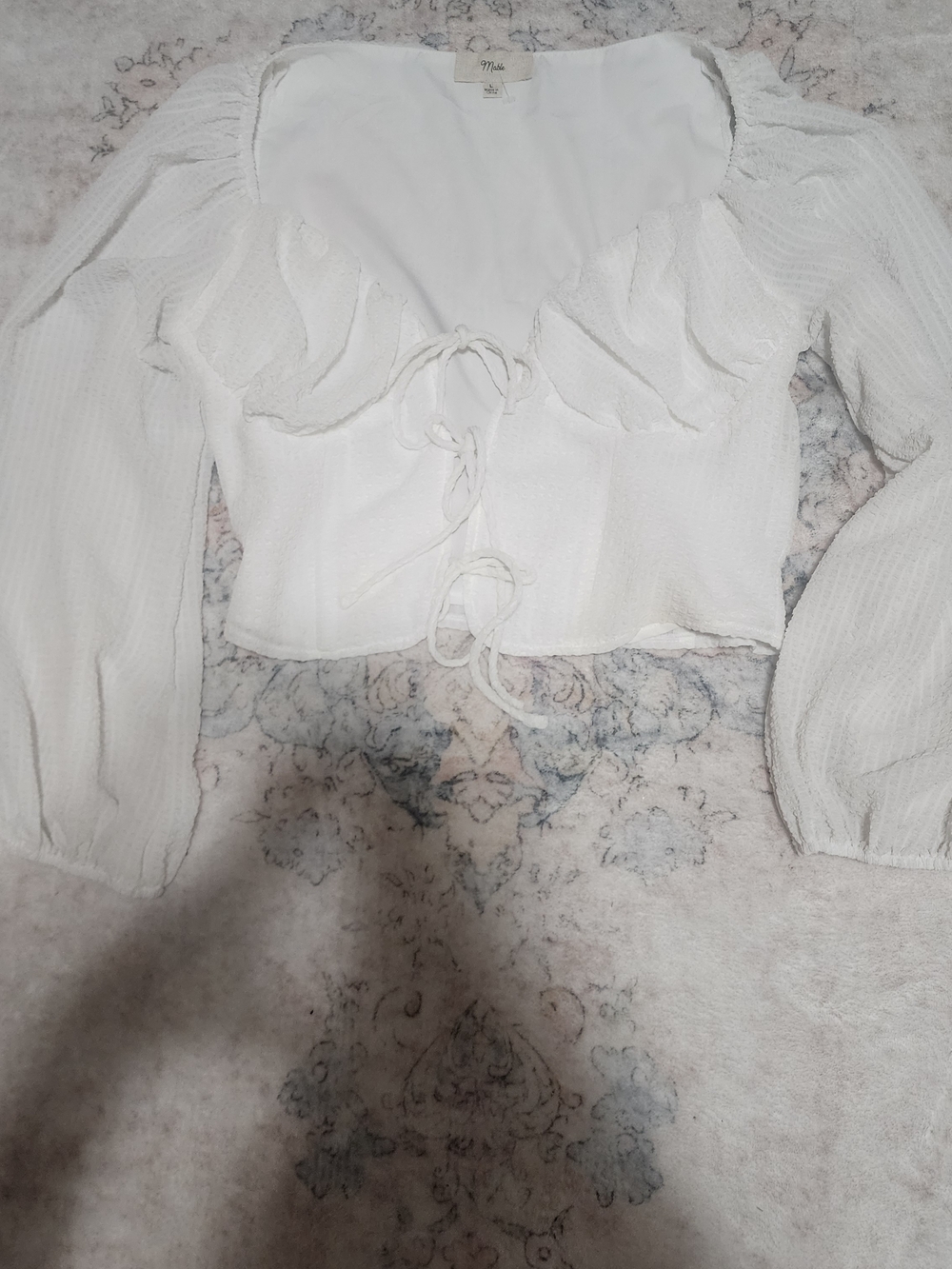 White Textured Tie-Front Long-Sleeve Crop Blouse